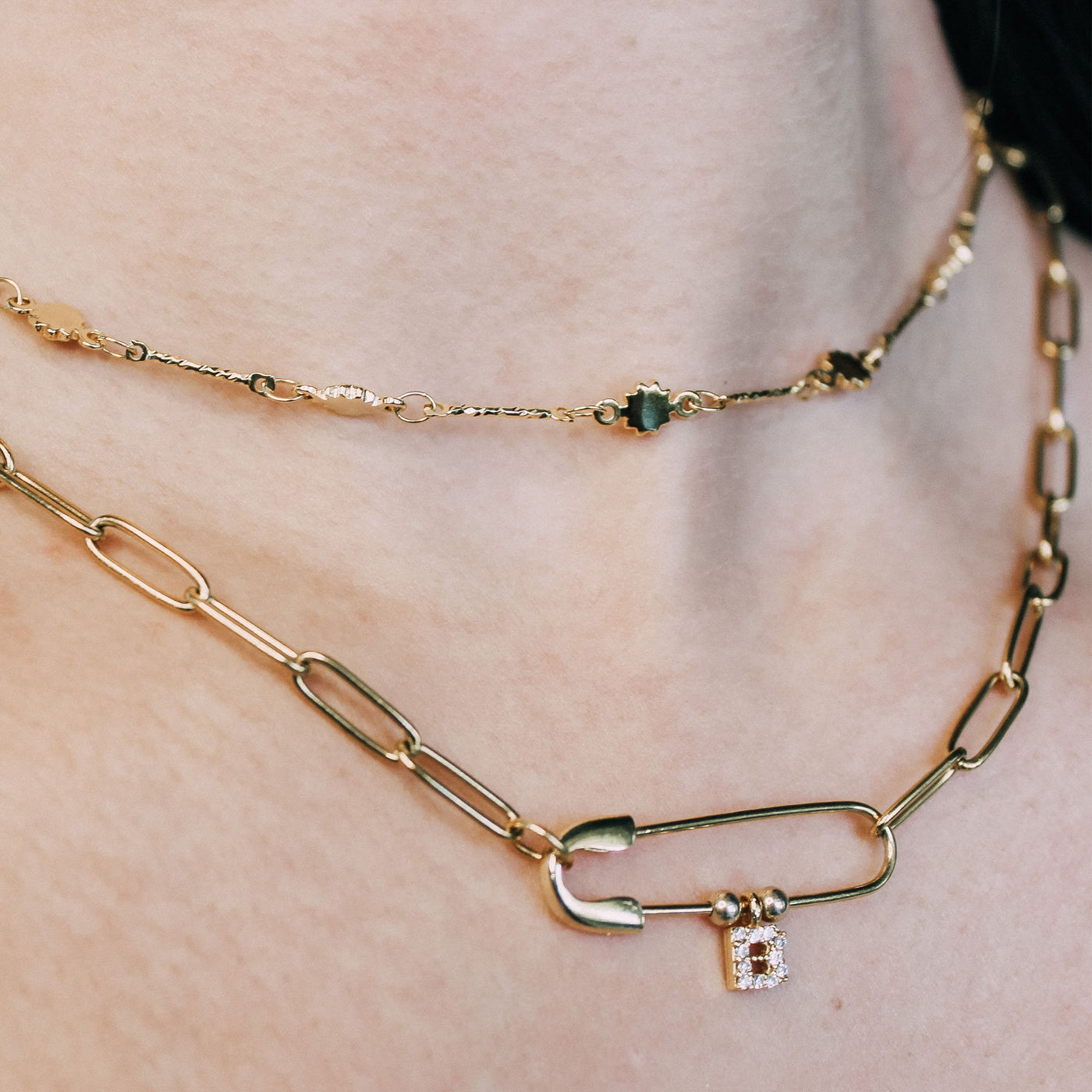 Safety Pin and Lock Chain Necklace gold